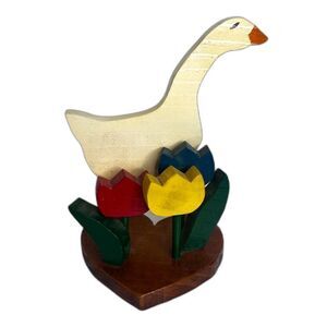 3D Wooden Duck Goose with Flowers on Wood Heart Shelf Sitter Decor Country Core